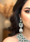 SAMIRA Emerald green American Diamond necklace Choker set Indian bridal wedding jewelry,Pakistani zircon jewellery,green colour set