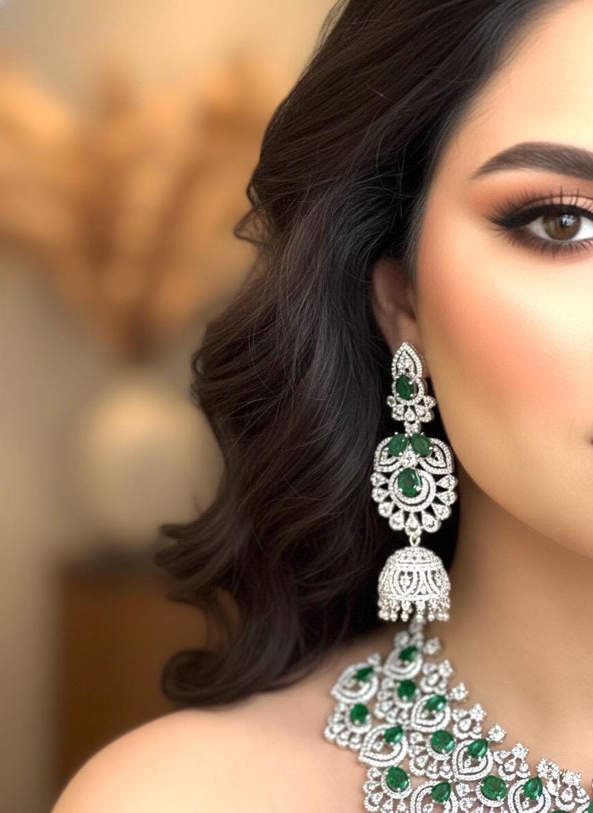 SAMIRA Emerald green American Diamond necklace Choker set Indian bridal wedding jewelry,Pakistani zircon jewellery,green colour set
