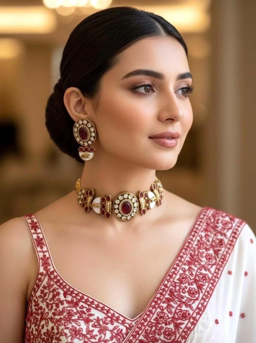 NIYA Sabyasachi inspired red kundan choker with Earrings, Indian Pakistani traditional wedding jewelry, red colour necklace set