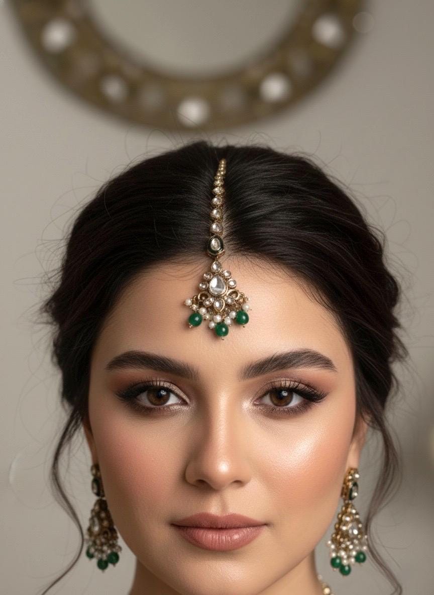 INA Emerald green kundan and meenakari Necklace set with maangtika,Indian Pakistani wedding jewelry, green colour traditional jewelry