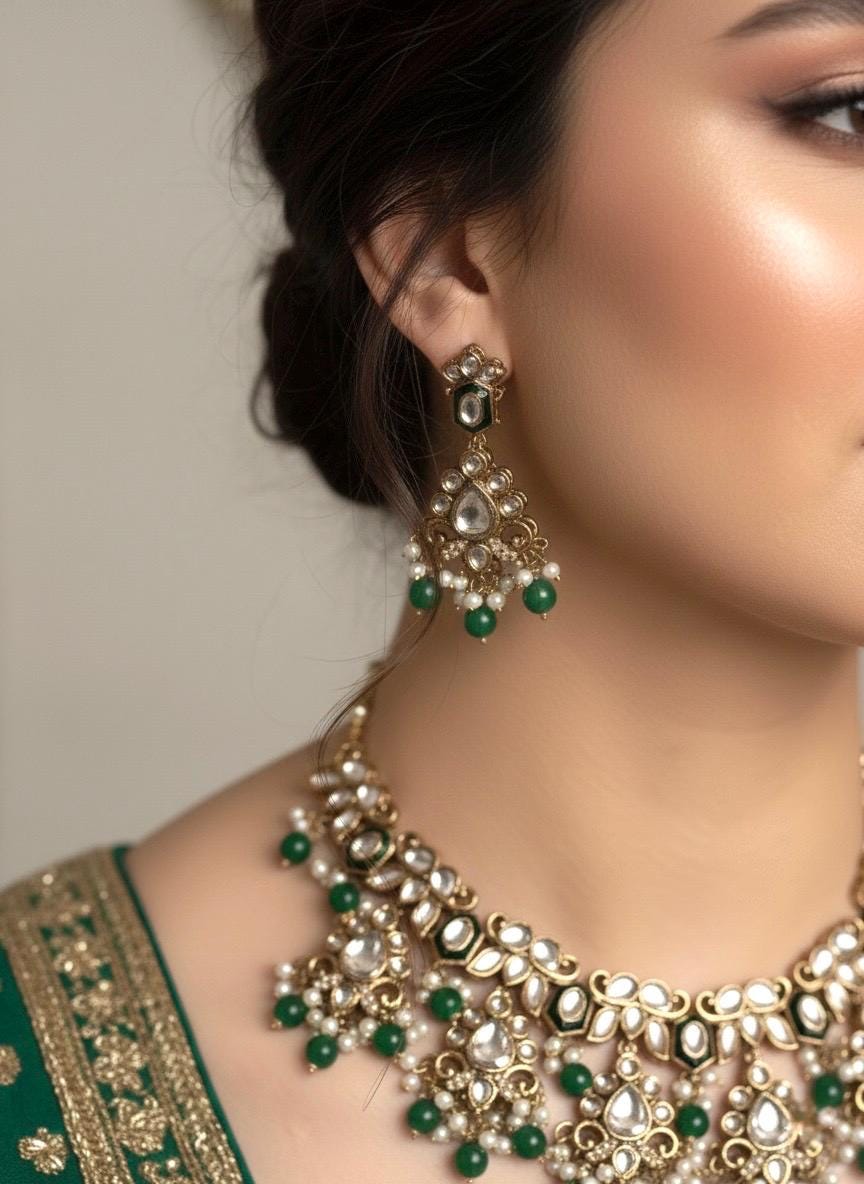 INA Emerald green kundan and meenakari Necklace set with maangtika,Indian Pakistani wedding jewelry, green colour traditional jewelry