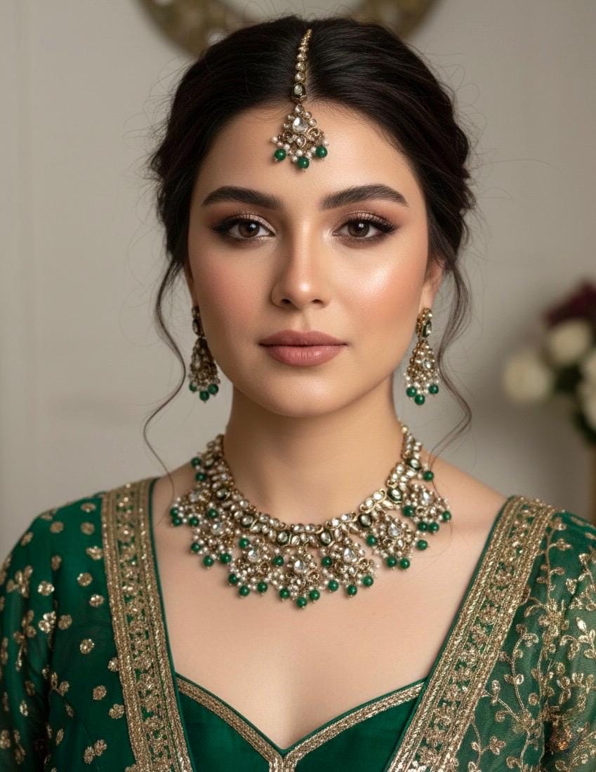 INA Emerald green kundan and meenakari Necklace set with maangtika,Indian Pakistani wedding jewelry, green colour traditional jewelry