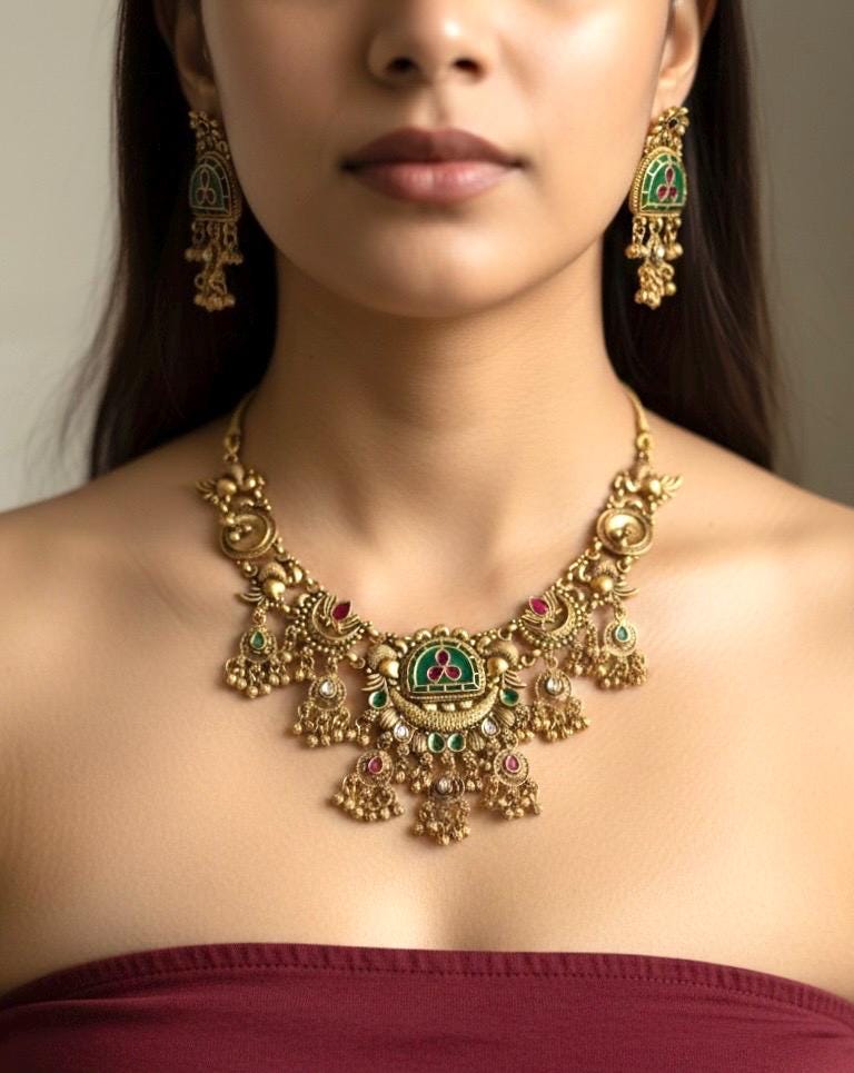 AARUNI Gold tone Heritage jewelry, Indian  matt golden South Indian temple jewelry, ethnic traditional necklace set