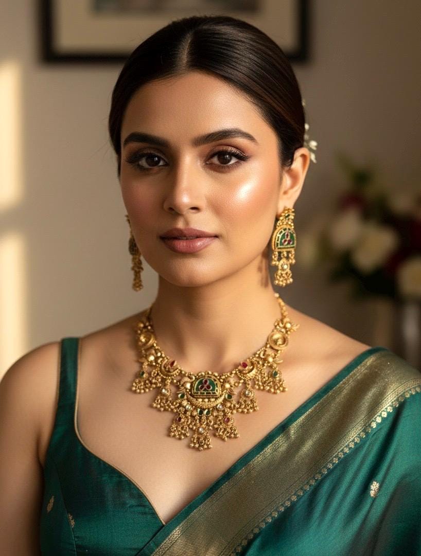 AARUNI Gold tone Heritage jewelry, Indian  matt golden South Indian temple jewelry, ethnic traditional necklace set