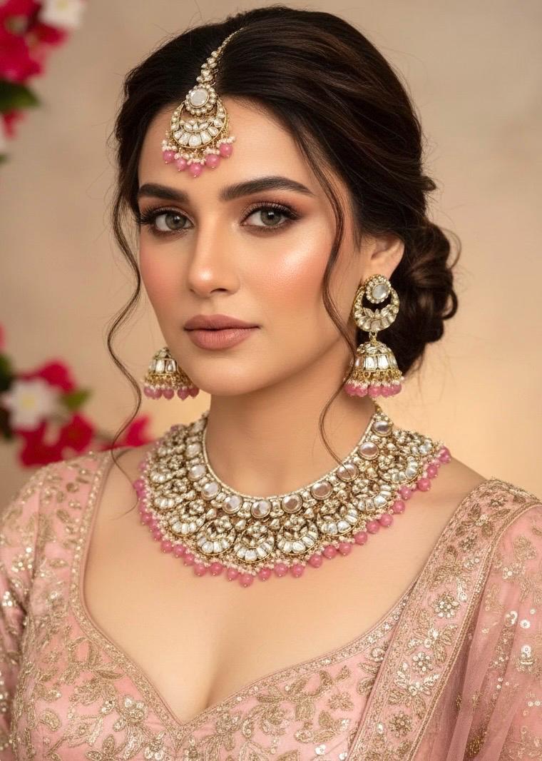 SIDAK Pink Kundan bridal jewellery necklace earrings maangtika,Punjabi Jewellery, Indian Kundan Set, cz zircon, Pakistani nikaah Jewelry