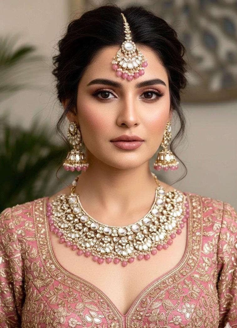 SIDAK Pink Kundan bridal jewellery necklace earrings maangtika,Punjabi Jewellery, Indian Kundan Set, cz zircon, Pakistani nikaah Jewelry