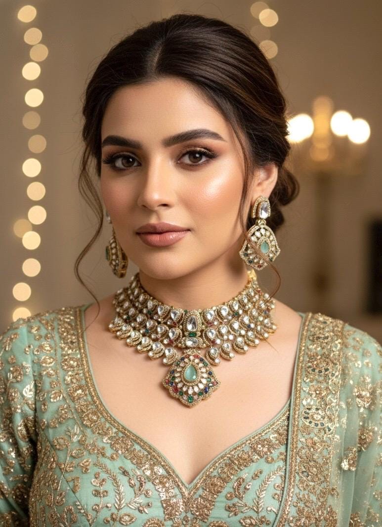 MEHRNAZ  Royal look Multicoloured kundan and polki choker Necklace Set,Indian Pakistani  wedding bridal jewelry in doublet stone