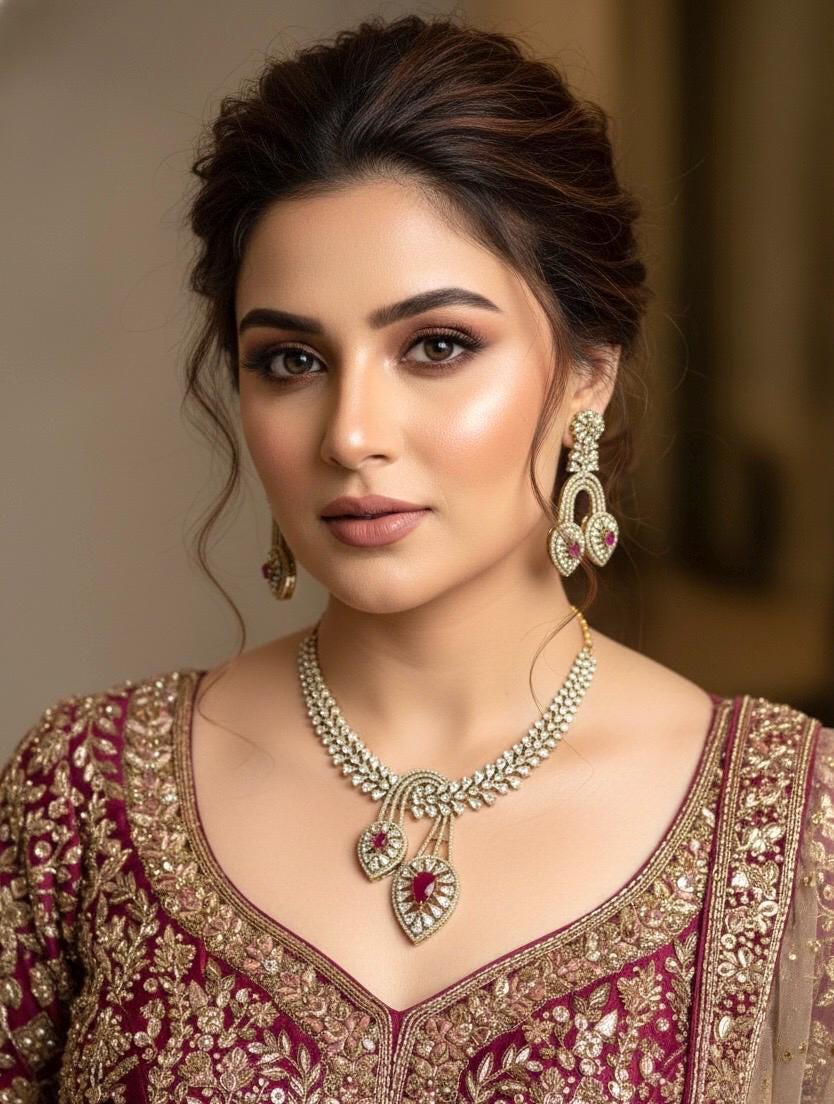 RIVENA Sabyasachi inspired Ruby colour cz and zircon sleek necklace set in  mehndi golden polish,Indian victorian style jewelry
