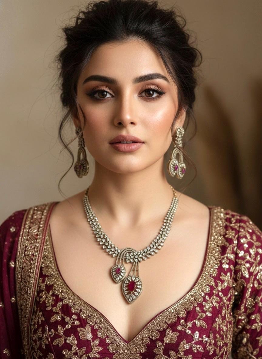 RIVENA Sabyasachi inspired Ruby colour cz and zircon sleek necklace set in  mehndi golden polish,Indian victorian style jewelry