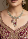 RIVENA Sabyasachi inspired Ruby colour cz and zircon sleek necklace set in  mehndi golden polish,Indian victorian style jewelry