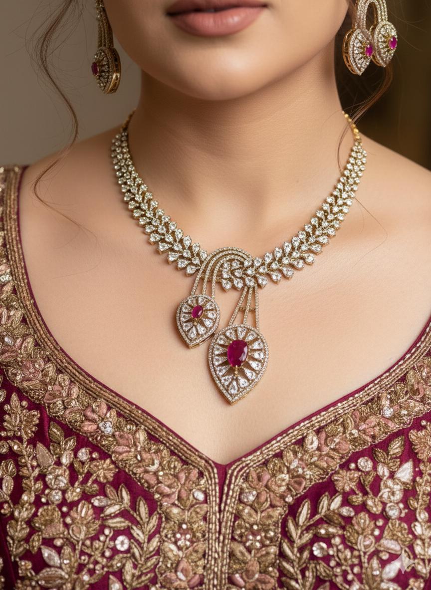 RIVENA Sabyasachi inspired Ruby colour cz and zircon sleek necklace set in  mehndi golden polish,Indian victorian style jewelry