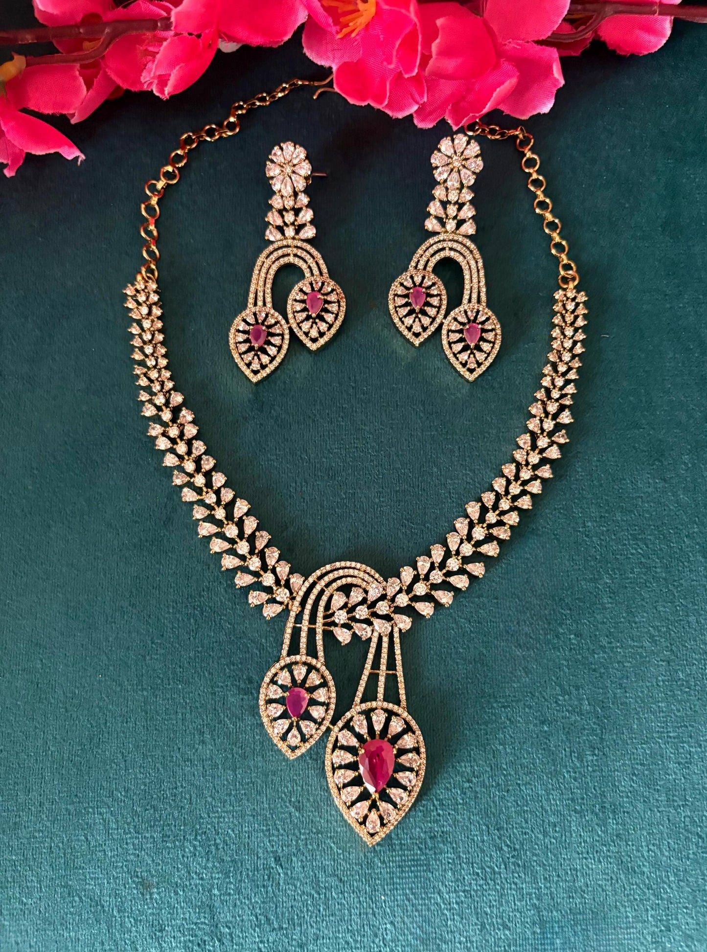 RIVENA Sabyasachi inspired Ruby colour cz and zircon sleek necklace set in  mehndi golden polish,Indian victorian style jewelry