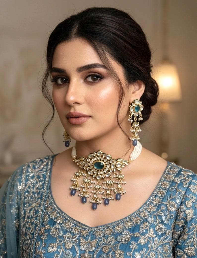 NASRIN Sabyasachi inspired Royal blue Fusion Kundan choker set, necklace set, indian  pakistani wedding jewelry in vintage gold finish