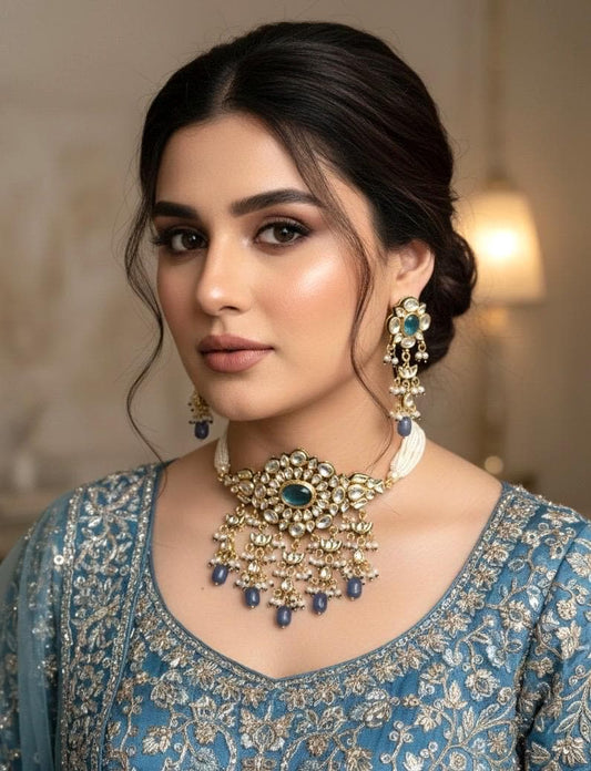 NASRIN Sabyasachi inspired Royal blue Fusion Kundan choker set, necklace set, indian  pakistani wedding jewelry in vintage gold finish