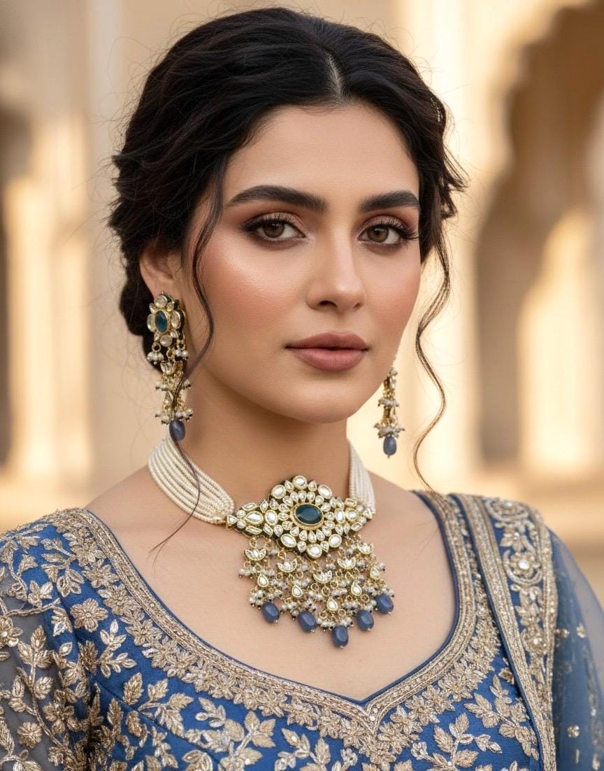 NASRIN Sabyasachi inspired Royal blue Fusion Kundan choker set, necklace set, indian  pakistani wedding jewelry in vintage gold finish