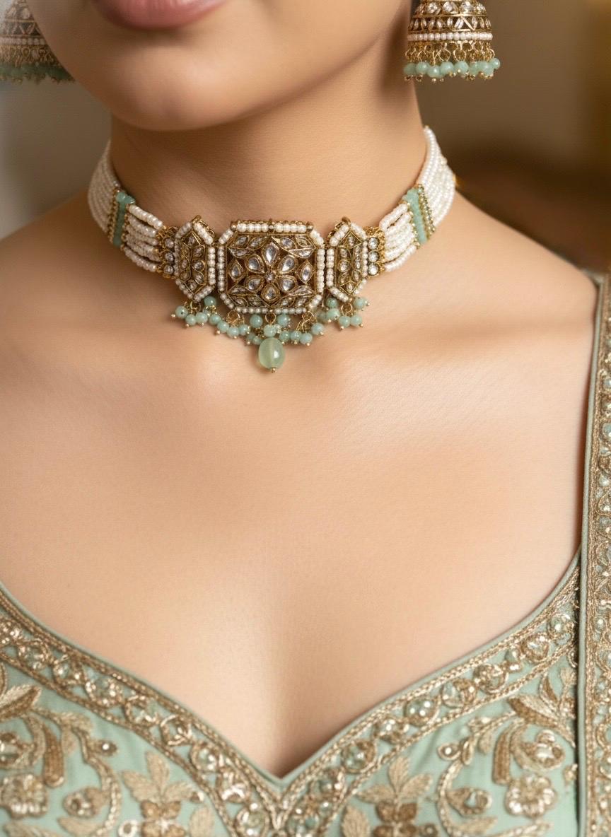 SHUBHI Mint colour kundan choker Necklace set with maangtika , Indian Pakistani wedding jewelry, mint colour traditional jewelry