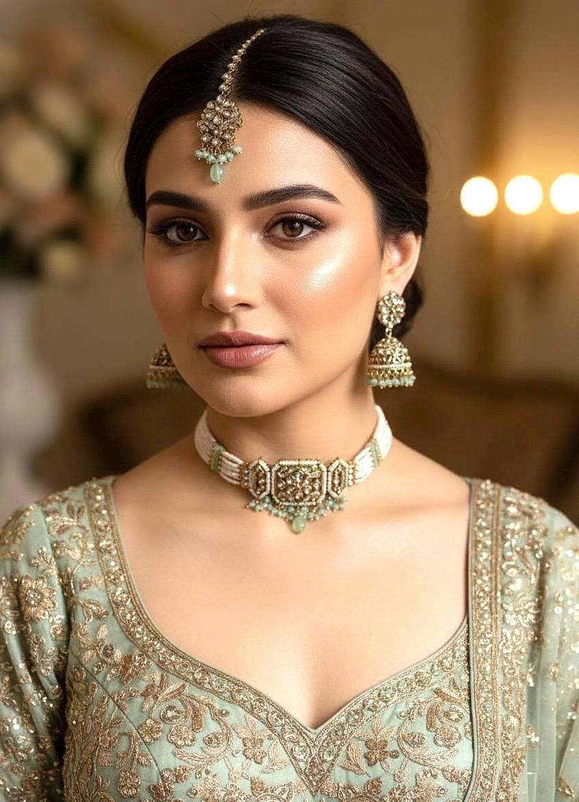 SHUBHI Mint colour kundan choker Necklace set with maangtika , Indian Pakistani wedding jewelry, mint colour traditional jewelry