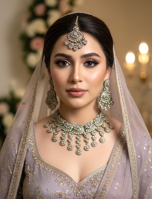 FRIDA Lavender grey Kundan necklace set with Maangtika, Indian Pakistani traditional wedding bridal jewelry