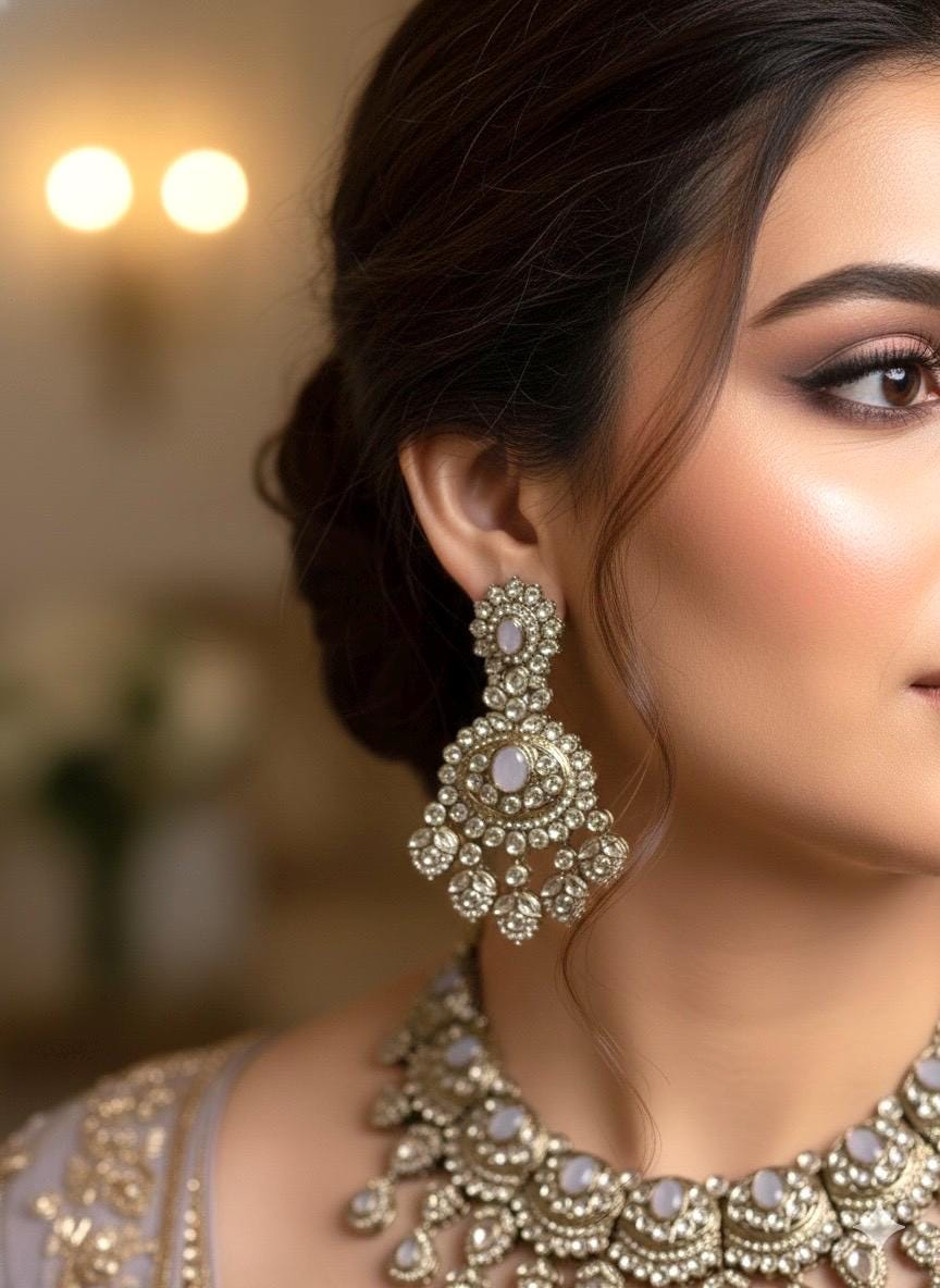 FRIDA Lavender grey Kundan necklace set with Maangtika, Indian Pakistani traditional wedding bridal jewelry