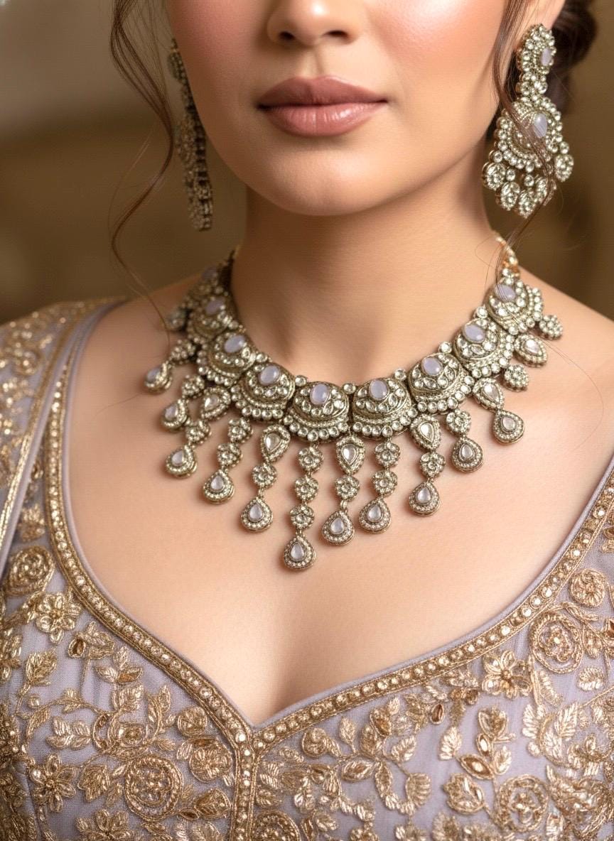 FRIDA Lavender grey Kundan necklace set with Maangtika, Indian Pakistani traditional wedding bridal jewelry