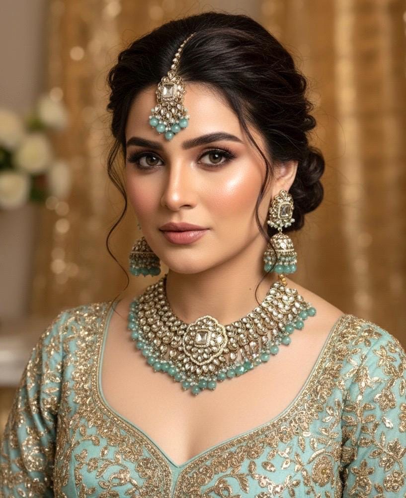 TANJINA Mint and golden cz Kundan choker necklace set with maangtika, Indian Pakistani wedding bridal jewelry