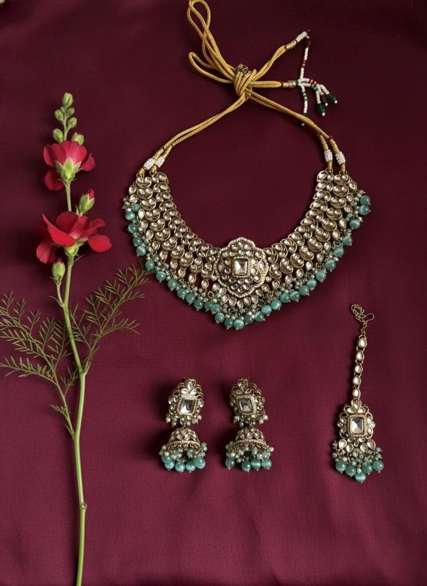 TANJINA Mint and golden cz Kundan choker necklace set with maangtika, Indian Pakistani wedding bridal jewelry