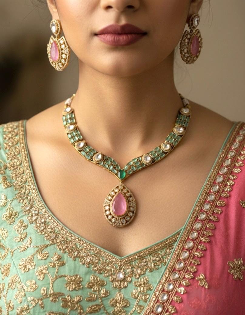 SUHAIRA Sabyasachi inspired mint pink colour  kundan necklace set in premium quality doublet stones,Indian wedding Bridal pakistani jewelery