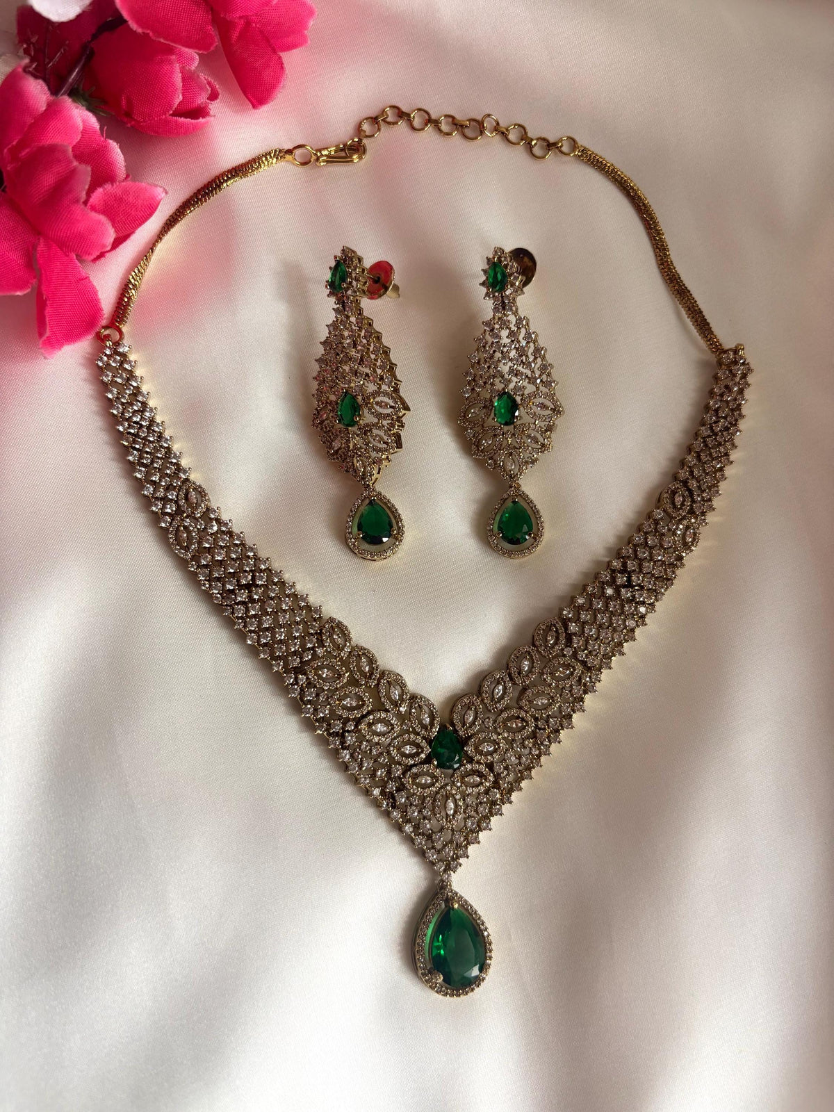 RUHIKA Emerald green cz and zircon  necklace set in mehndi golden polish,Indian Pakistani antique polish wedding jewelry
