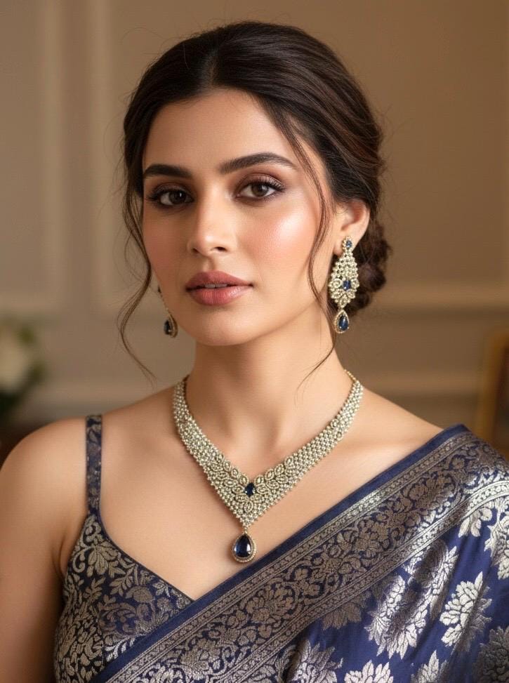 RUHIKA Navy blue cz and zircon  necklace set in mehndi golden polish,Indian Pakistani antique polish wedding jewelry
