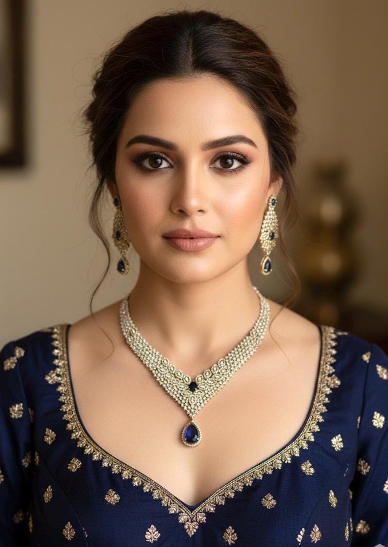 RUHIKA Navy blue cz and zircon  necklace set in mehndi golden polish,Indian Pakistani antique polish wedding jewelry