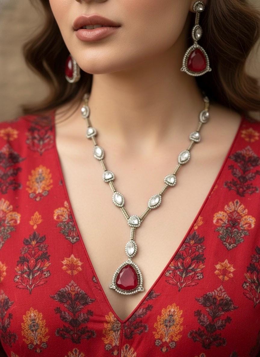 HIBA Ruby red doublet stone Necklace Set in Victorian Style