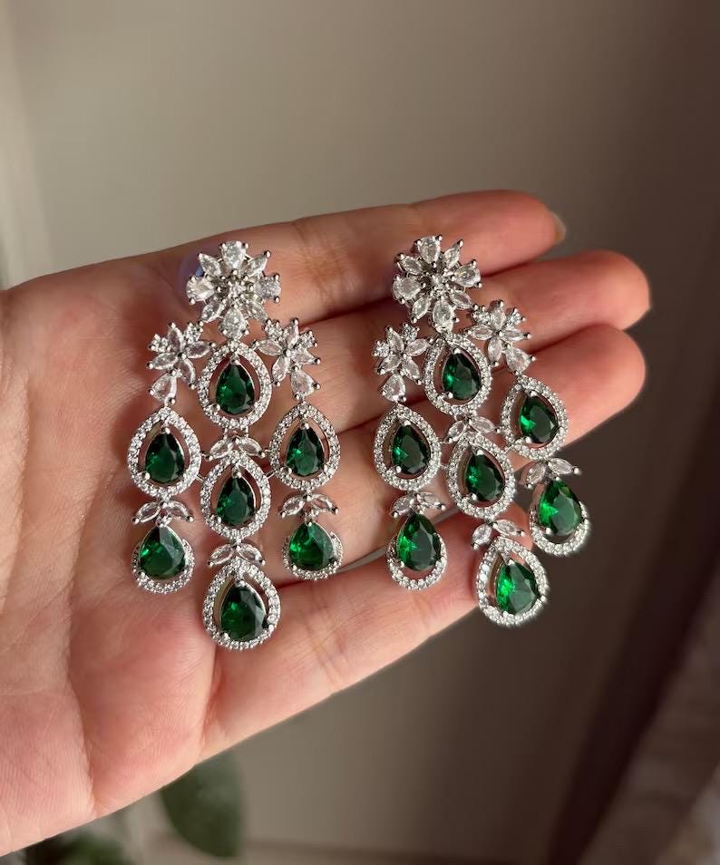 ASHITA Emerald green Necklace and earrings jewelry set in cz American  Diamond, Indian Pakistani wedding bridal jewelry