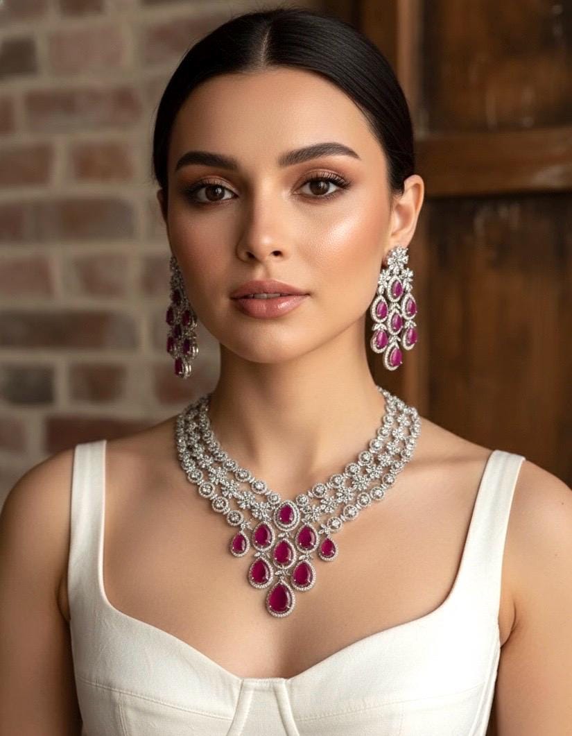 ASHITA Ruby Necklace and earrings jewelry set in cz American  Diamond, Indian Pakistani wedding bridal jewelry