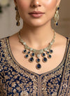KOYEL navy blue cz zircon necklace set in  mehndi golden polish, Indian pakistani  jewelry in navy blue  colour