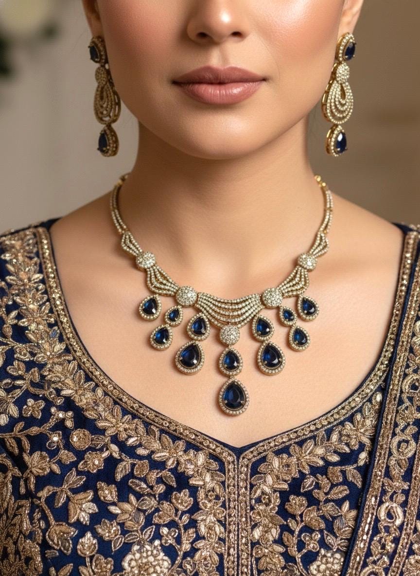 KOYEL navy blue cz zircon necklace set in  mehndi golden polish, Indian pakistani  jewelry in navy blue  colour