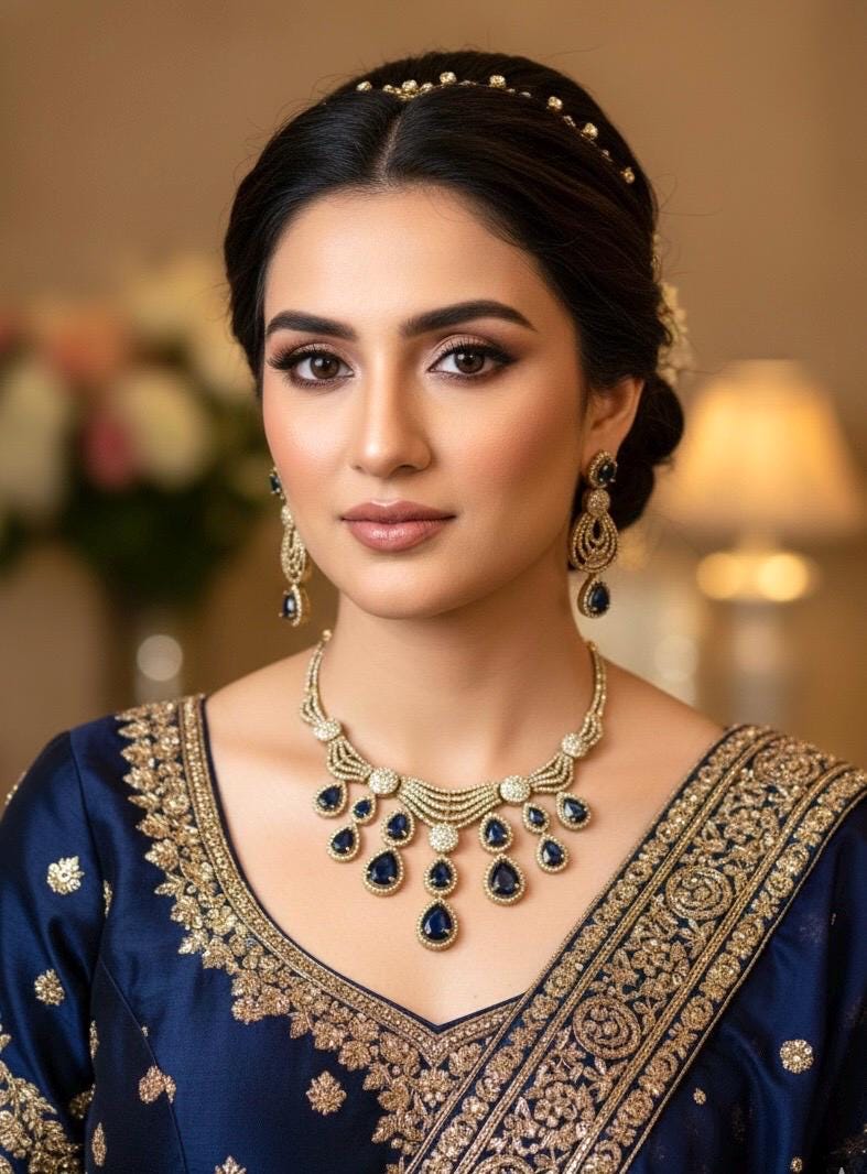 KOYEL navy blue cz zircon necklace set in  mehndi golden polish, Indian pakistani  jewelry in navy blue  colour