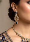 KOYEL navy blue cz zircon necklace set in  mehndi golden polish, Indian pakistani  jewelry in navy blue  colour