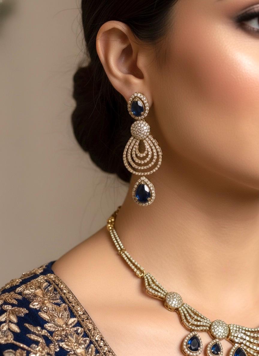 KOYEL navy blue cz zircon necklace set in  mehndi golden polish, Indian pakistani  jewelry in navy blue  colour