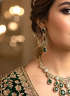 KOYEL green stones cz zircon necklace set in  mehndi golden polish, Indian pakistani  jewelry in green colour