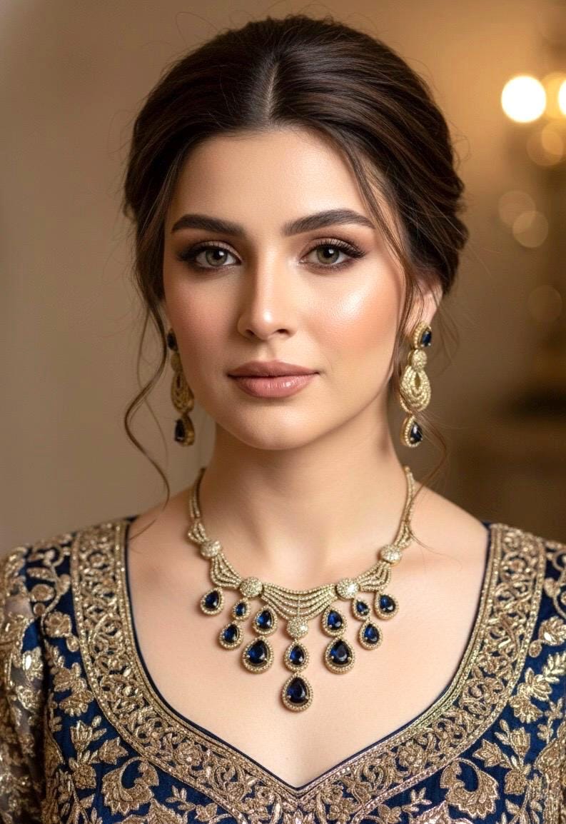 KOYEL navy blue cz zircon necklace set in  mehndi golden polish, Indian pakistani  jewelry in navy blue  colour