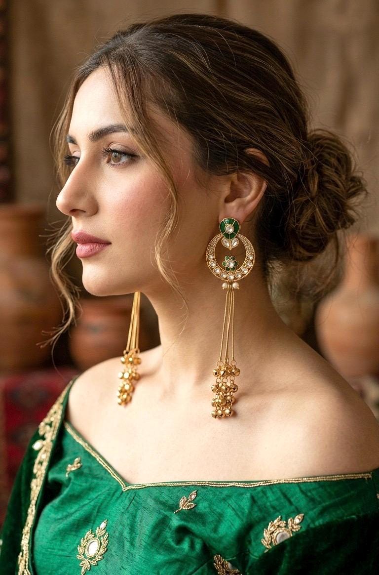 JANNAT Green and golden Ghunghroo earrings, Kashmiri long statement earrings, Indian Pakistani ethnic tradition wedding jewelry
