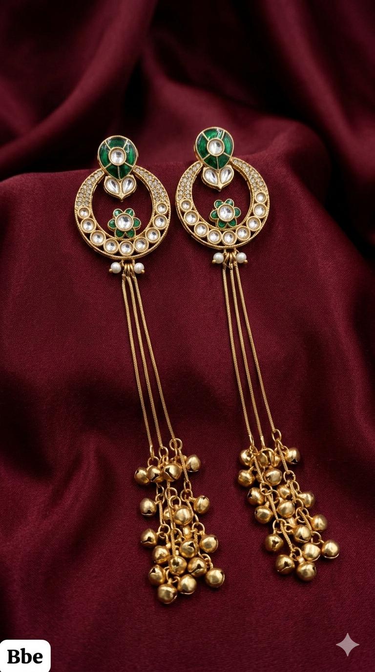 JANNAT Green and golden Ghunghroo earrings, Kashmiri long statement earrings, Indian Pakistani ethnic tradition wedding jewelry