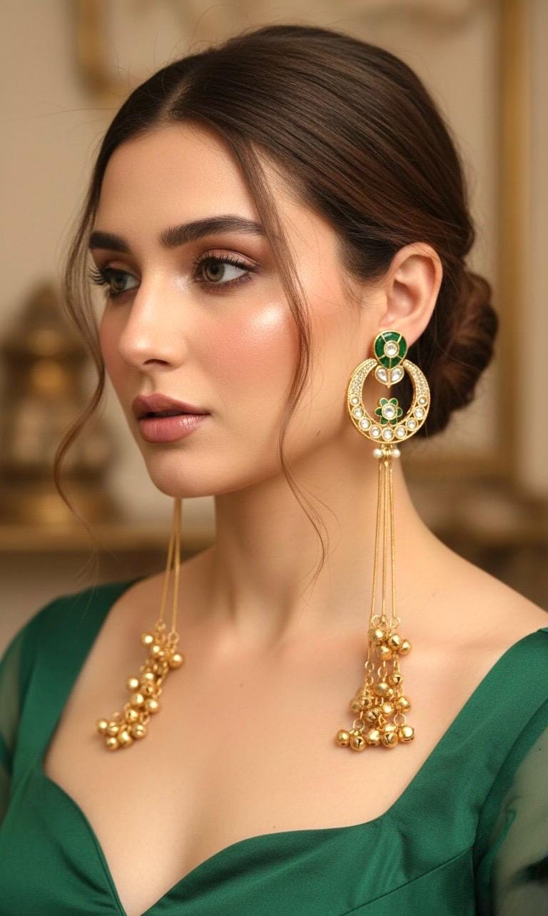 JANNAT Green and golden Ghunghroo earrings, Kashmiri long statement earrings, Indian Pakistani ethnic tradition wedding jewelry