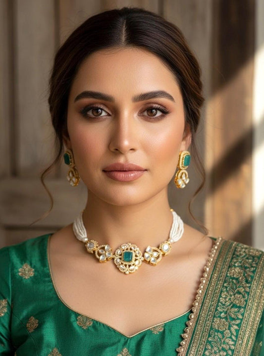 LAVYA Emerald green  Doublet Stone Choker Necklace Set with Earrings,Indian Pakistani wedding jewelry