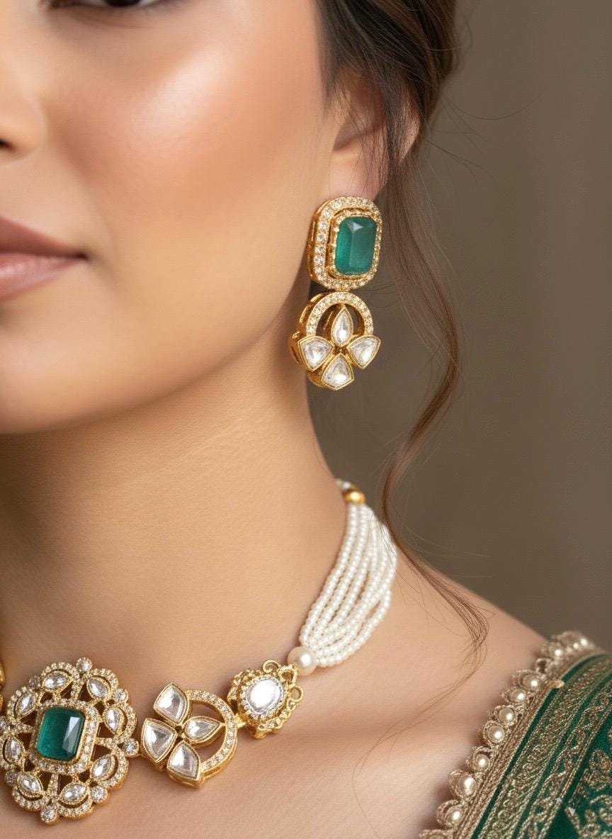 LAVYA Emerald green  Doublet Stone Choker Necklace Set with Earrings,Indian Pakistani wedding jewelry