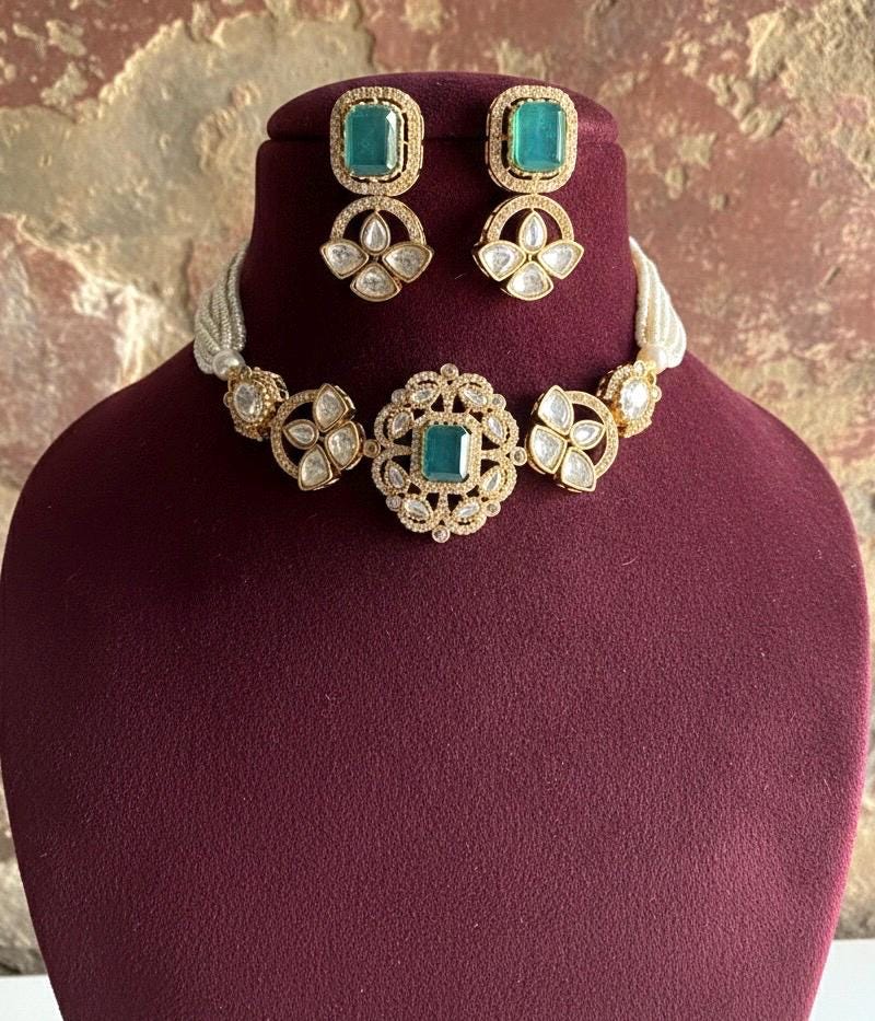 LAVYA Emerald green  Doublet Stone Choker Necklace Set with Earrings,Indian Pakistani wedding jewelry