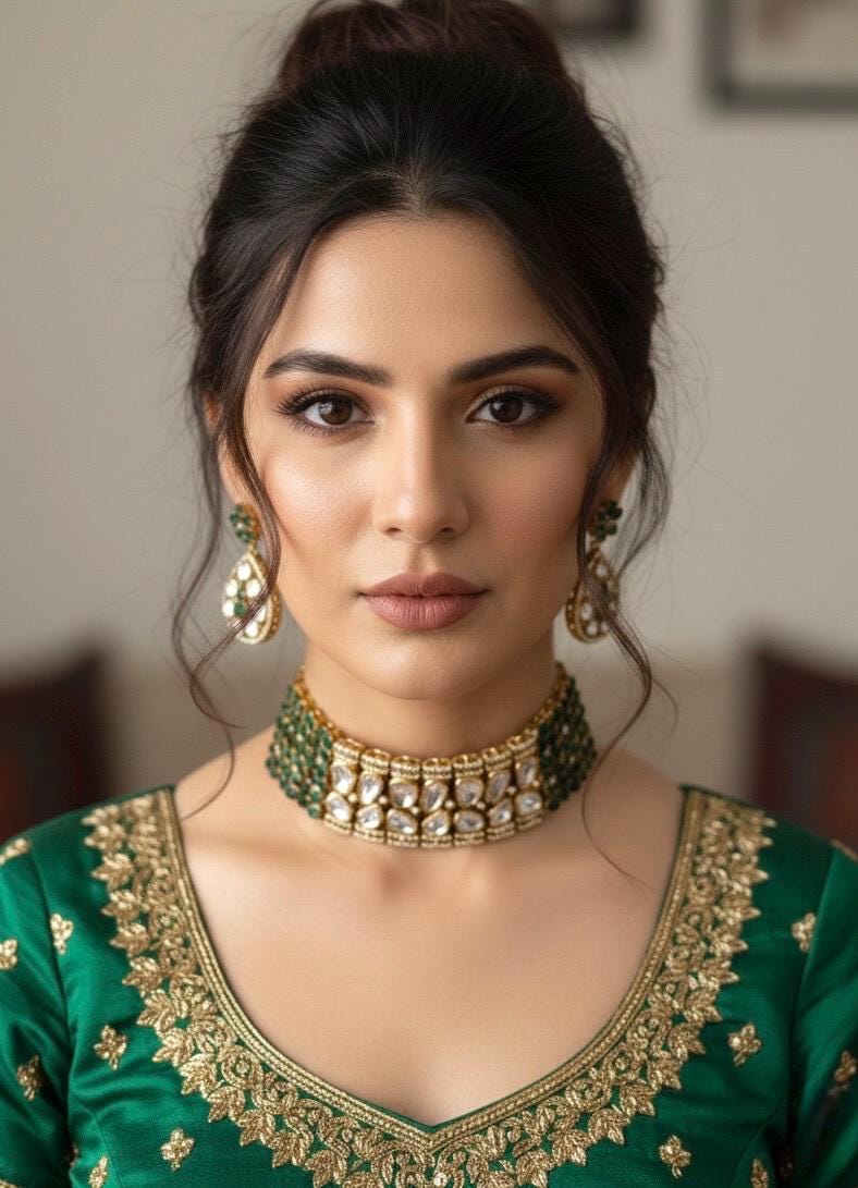 KUSUM Emerald Green kundan and polki Choker necklace with matching earrings ,Indian Pakistani wedding and festive jewelry