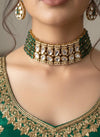 KUSUM Emerald Green kundan and polki Choker necklace with matching earrings ,Indian Pakistani wedding and festive jewelry