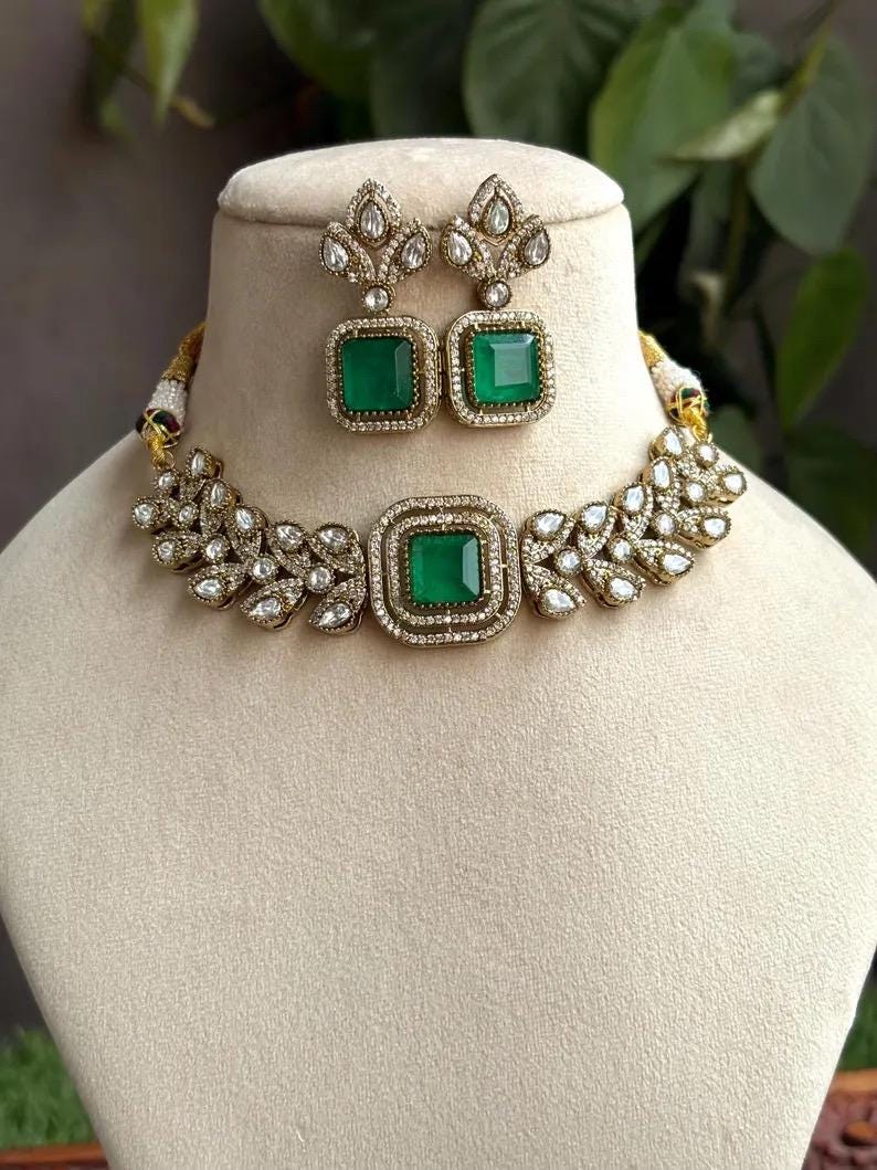 VRINDA Emerald green Victorian style Sabyasachi kundan choker set,cz Indian Bridal jewelry,doublet stone,pakistani wedding jewelley