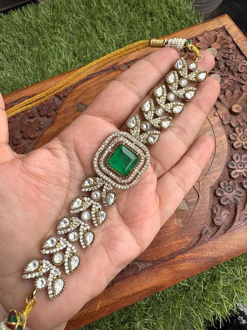 VRINDA Emerald green Victorian style Sabyasachi kundan choker set,cz Indian Bridal jewelry,doublet stone,pakistani wedding jewelley